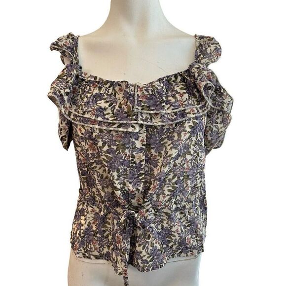 Ladies Small Purple Floral Sleeveless Blouse Smocked Ruffled Button Ties NWT - Picture 1 of 6